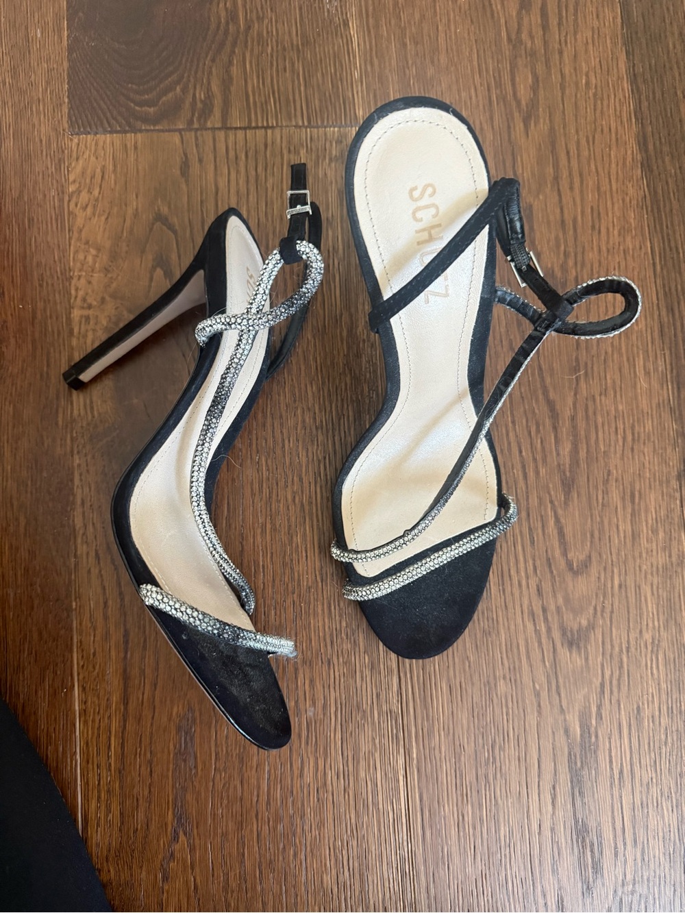 SCHUTZ Black Suede Crystal-Strap Stiletto Sandals